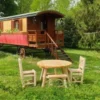 B13A Table repas ronde de jardin en bois avec parasol