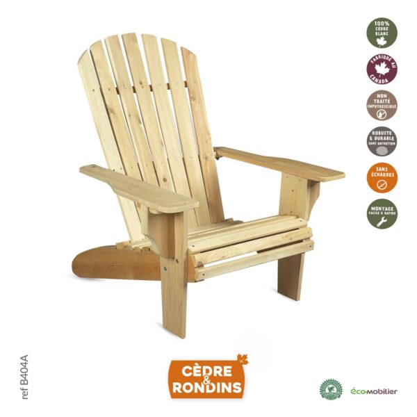 Fauteuil Adirondack Deluxe en bois massif et design. Référence Cèdre et Rondins B404A. Adirondack original style américain ou canadien.