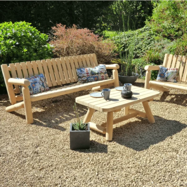 B7KD - B90A banc 3 places et table basse rectangulaire en bois de cèdre blanc
