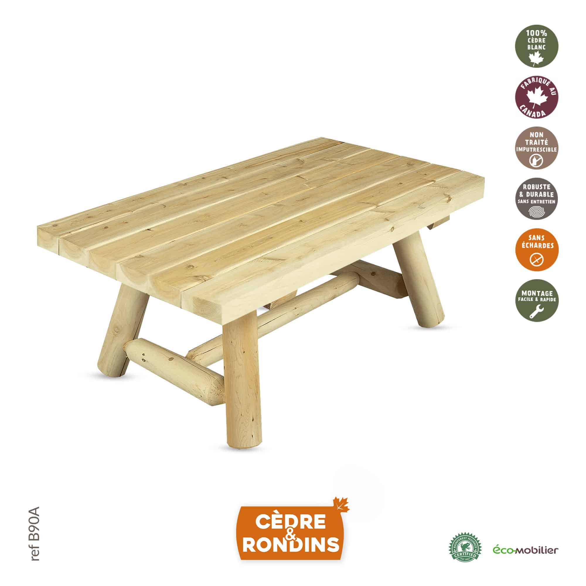 Table basse coins carrés en bois de cèdre blanc B90A