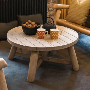 b10 petite table basse salon en rondins de bois massif clair canadien de style rustique et cocoon - cedre et rondins