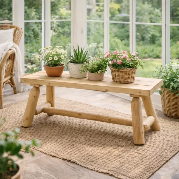 petit banc de jardin en bois rondins massif blanc rustique plante