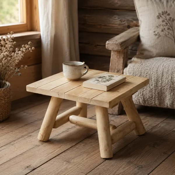 petite table basse appoint cedre et rondins en bois blanc rustique solide pour intérieur et jardin
