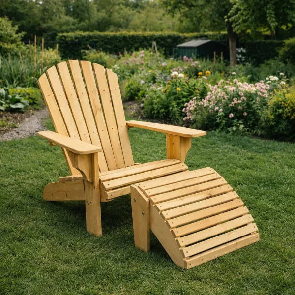 repose-pied en bois massif pour fauteuil Adirondack original canadien dans un jardin