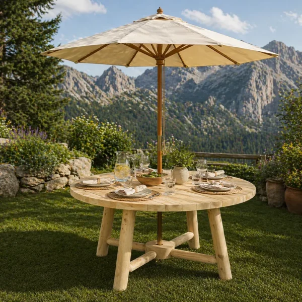 table de jardin rondins de bois parasol