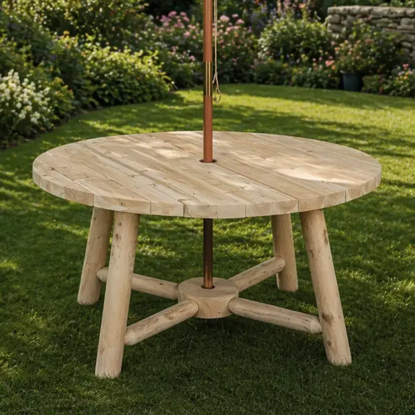 B13A Table de jardin parasol ronde en bois