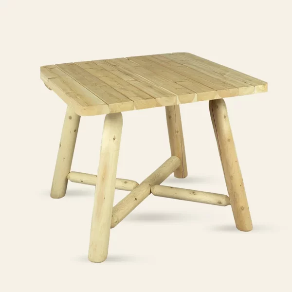 table haute carre plateau bois rustique cedre et rondins jardin terrasse