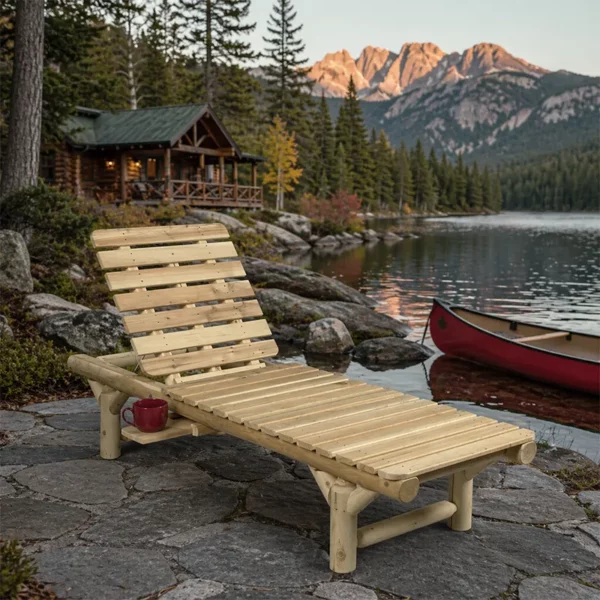bain de soleil transat en bois de rondins massif style rustique canadien cedre et rondins au bord d'un lac