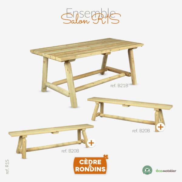 une grande table carrée avec 2 bancs large en bois de cèdre blanc