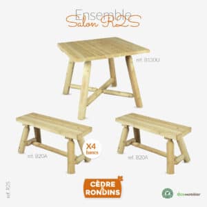 Une table carrée et 2 bancs en bois de cèdre blanc