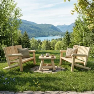 Salon S2 banc en bois naturel et table basse carrée