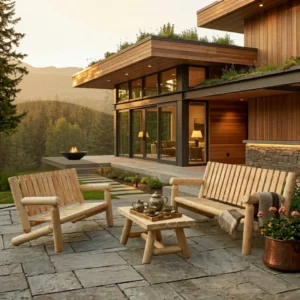 Salon S4 grand banc en bois et petit banc en bois avec table basse rectangulaire