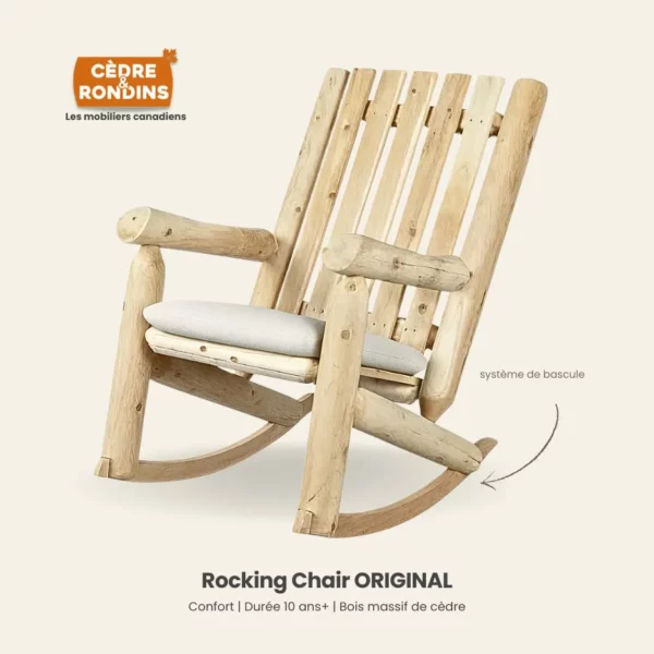 fauteuil bascule rocking chair en bois massif de cedre blanc pour intérieur, terrasse ou jardin extérieur