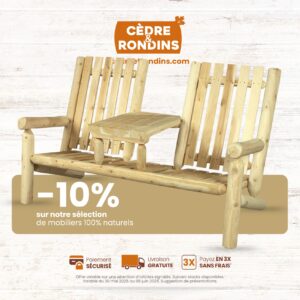 promotion sur le mobilier de jardin avec les fauteuil  - banc tete à a tete duo avec dossier bas en bois de cèdre blanc canadien