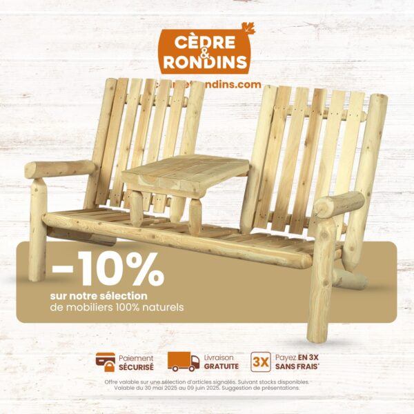promotion sur le mobilier de jardin avec les fauteuil - banc tete à a tete duo avec dossier bas en bois de cèdre blanc canadien