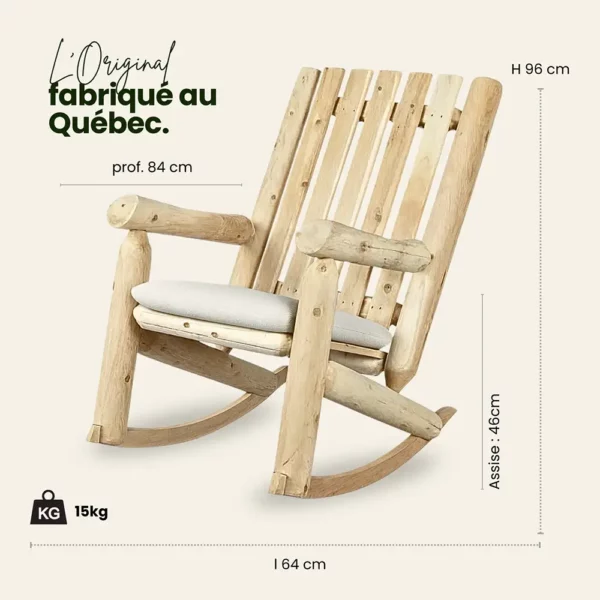 rocking chair chaise bascule americain en bois blanc massif - cedre et rondins