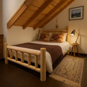 literie lit double adulte 140x200 en rondins de bois massif dans une chambre cocoon au Québec