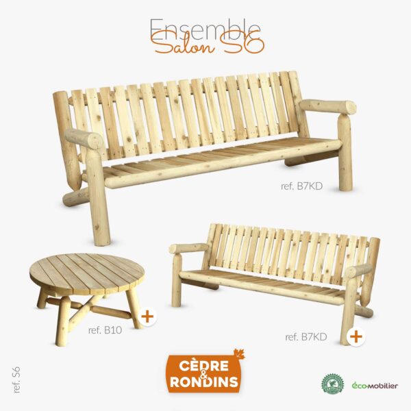 2 bancs et une table ronde en bois de cèdre blanc