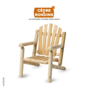 Photo d'un fauteuil de jardin tendance en rondins de cèdre blanc fabriqué au Canada, mobilier sans entretien pour extérieur (salon, terrasse, véranda...). Vendu par Cèdre et Rondins, spécialiste de la vente de mobilier oudoor en cèdre, basé en Bretagne.