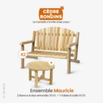 Ensemble de mobilier de jardin en bois massif de cèdre blanc, composé d'un fauteuil - banc 2 places avec dossiers arrondis plus une petite table ronde en bois de cèdre & rondins.