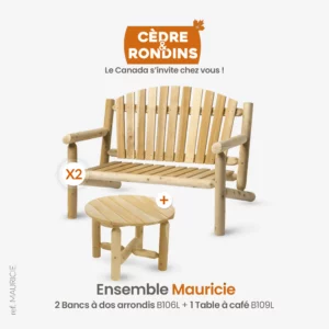 Ensemble de mobilier de jardin en bois massif de cèdre blanc, composé d'un fauteuil - banc 2 places avec dossiers arrondis plus une petite table ronde en bois de cèdre & rondins.