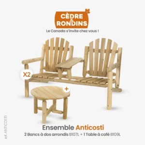 Salon de jardin Anticosti - ensemble fauteuils tête à tête et petite table ronde en bois
