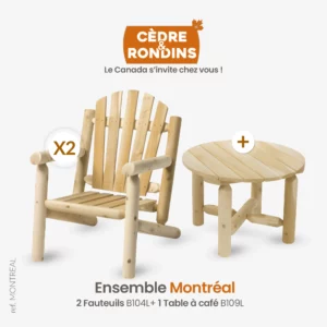 Ensemble de mobilier de jardin en set avec un lot de deux fauteuils à dossiers arrondis en bois massif et sa petite table basse ronde à café en bois de cèdre blanc.