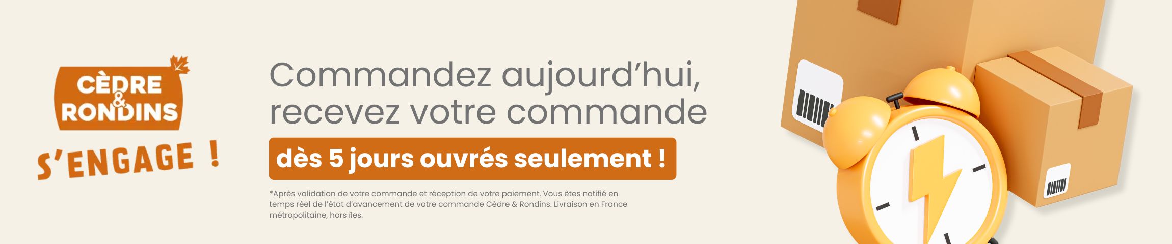 livraison de mobilier en bois de cedre massif - bannière du site Cèdre et Rondins qui présente une information sur la livraison de mobilier de jardin
