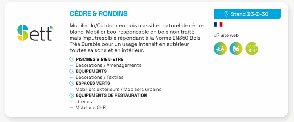 Cèdre et Rondins, équipementier en mobilier en bois massif canadien pour les professionnels du tourisme et HPA, est exposant au salon de Sett en novembre 2025.