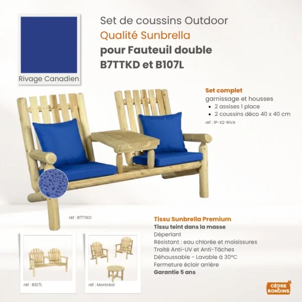 2 Sets coussins 1 place Sunbrella Bleu