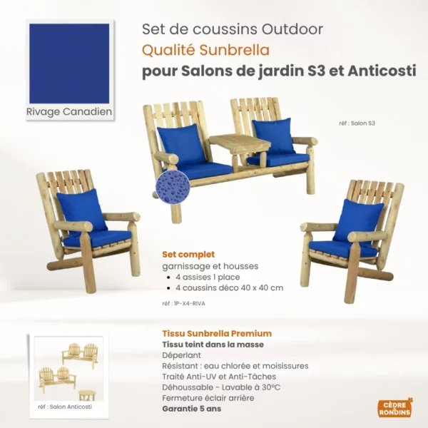 4 Sets coussins 1 place Sunbrella Bleu