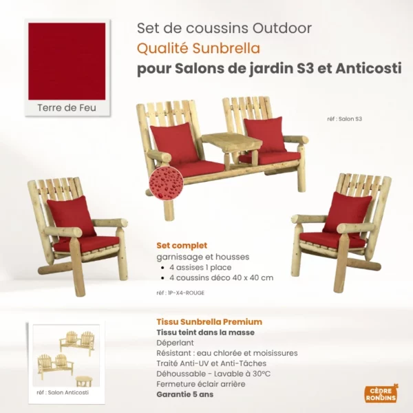4 Sets coussins 1 place Sunbrella Rouge