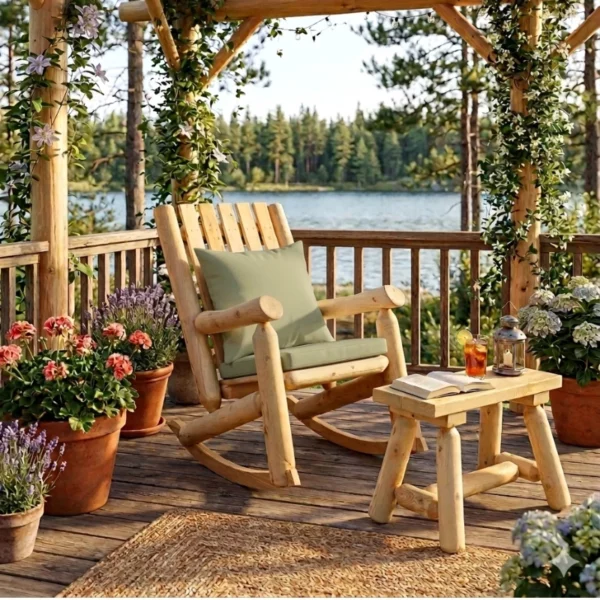 B5AKD fauteuil à bascule en bois B9 table basse ronde en bois de cèdre blanc