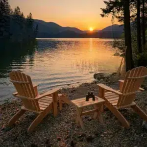 Salon Gaspésie 2 fauteuils adirondack en bois avec repose pied et table basse